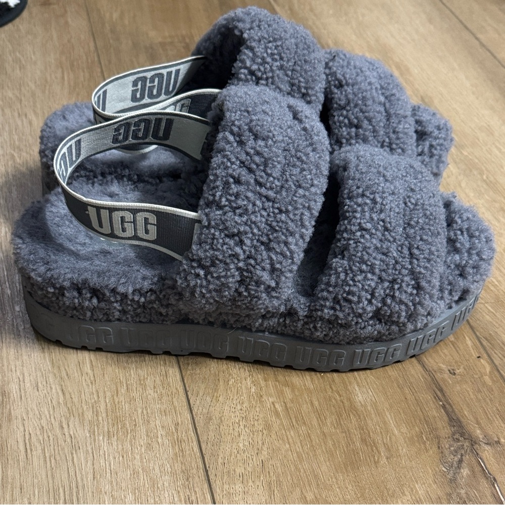 UGG Charcoal Fluffy Platform Slippers